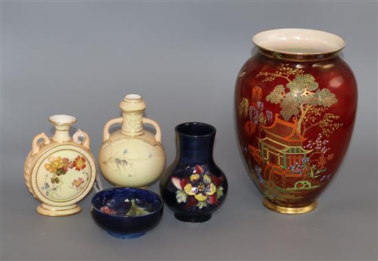 Two Royal Worcester blush ivory vases, a Carlton ware vase and two Moorcroft pieces tallest 20cm